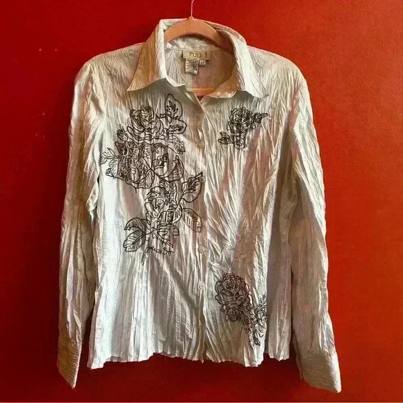 Y2K Black and White long sleeve crinkle top button up size Small - Picture 1 of 6